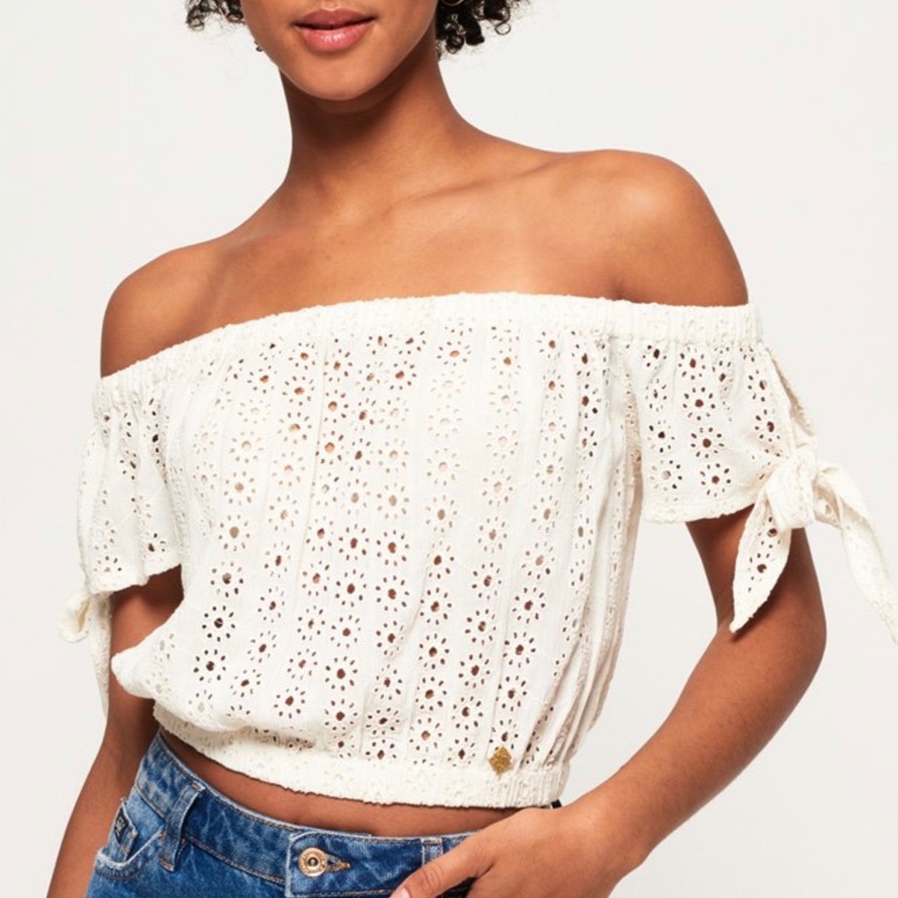 NWT Superdry White Amiee Bardot Eyelet Crop Top